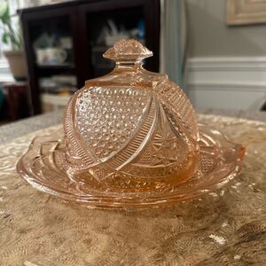 Vintage Large Pink Depression Glass Round Butter Cheese Dish w/‎ Cover